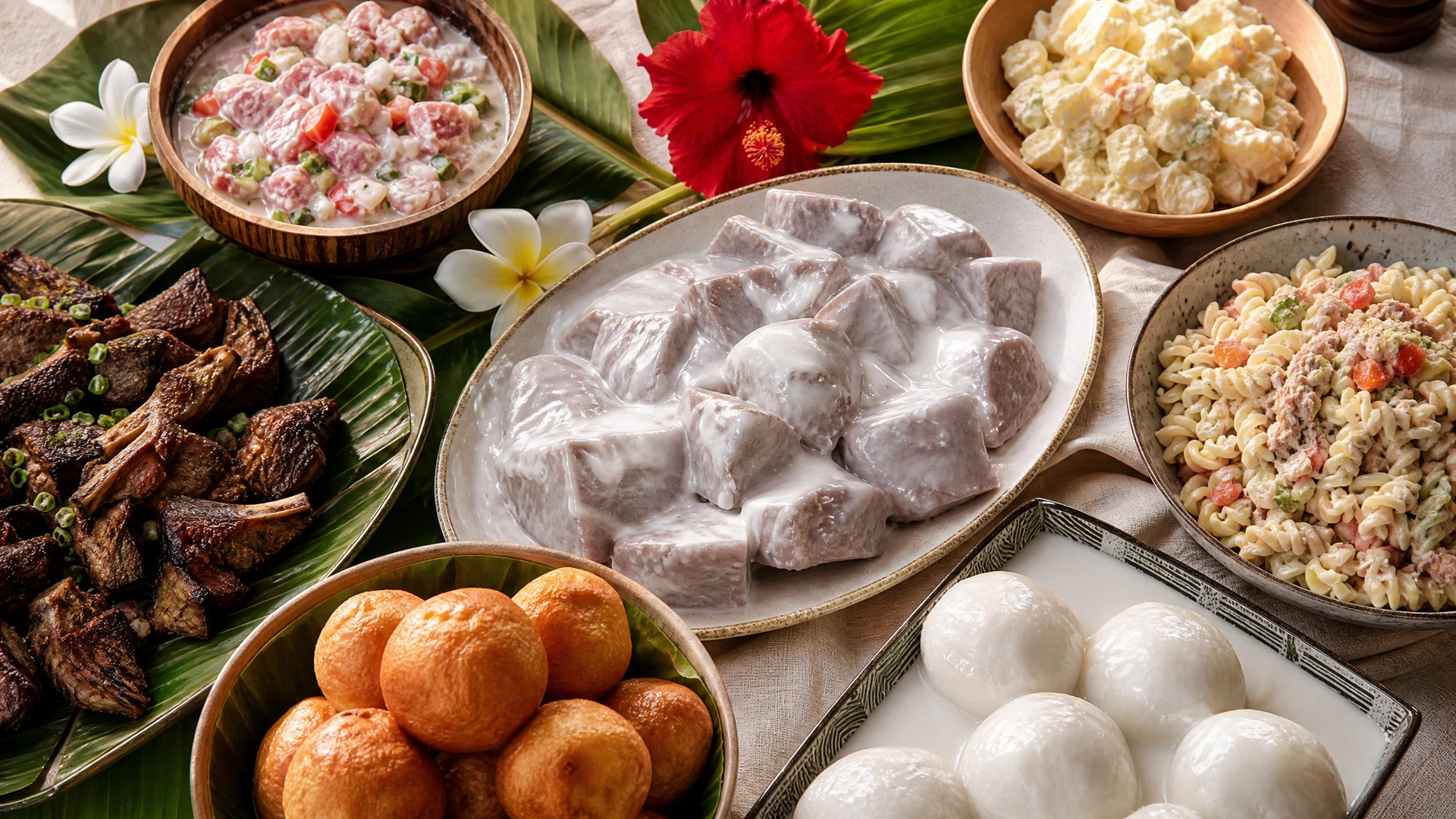 An overhead spread of Pacific Island dishes on a cream table